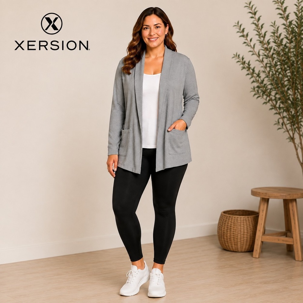 Xersion Open Front Cardigan Gray Lightweight Long Sleeve Pockets XXL